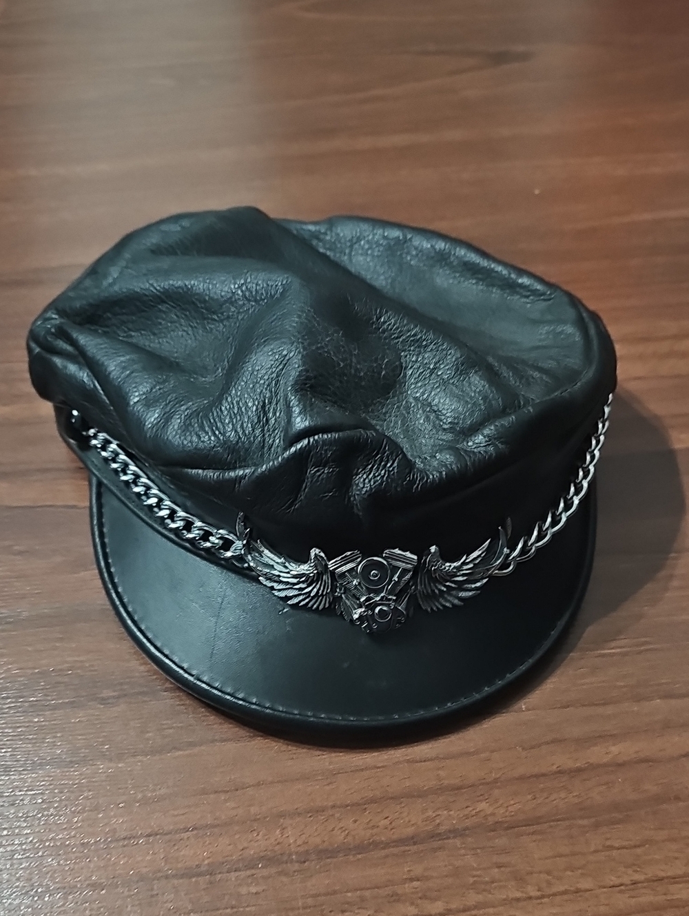 Black Leather Biker Cap with Silver Wing Emblem